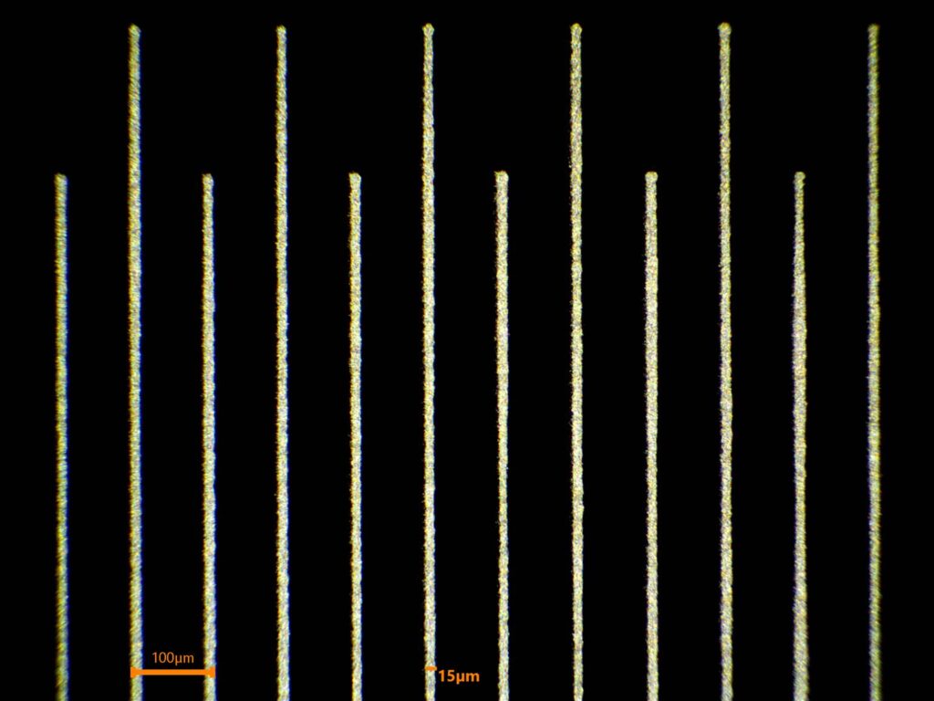 15 micron conductive silver nanoparticle ink traces printed with IDS NanoJet aerosol printer