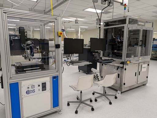 Photograph of an IDS NanoJet Free Standing printer in the NextFlex cleanroom