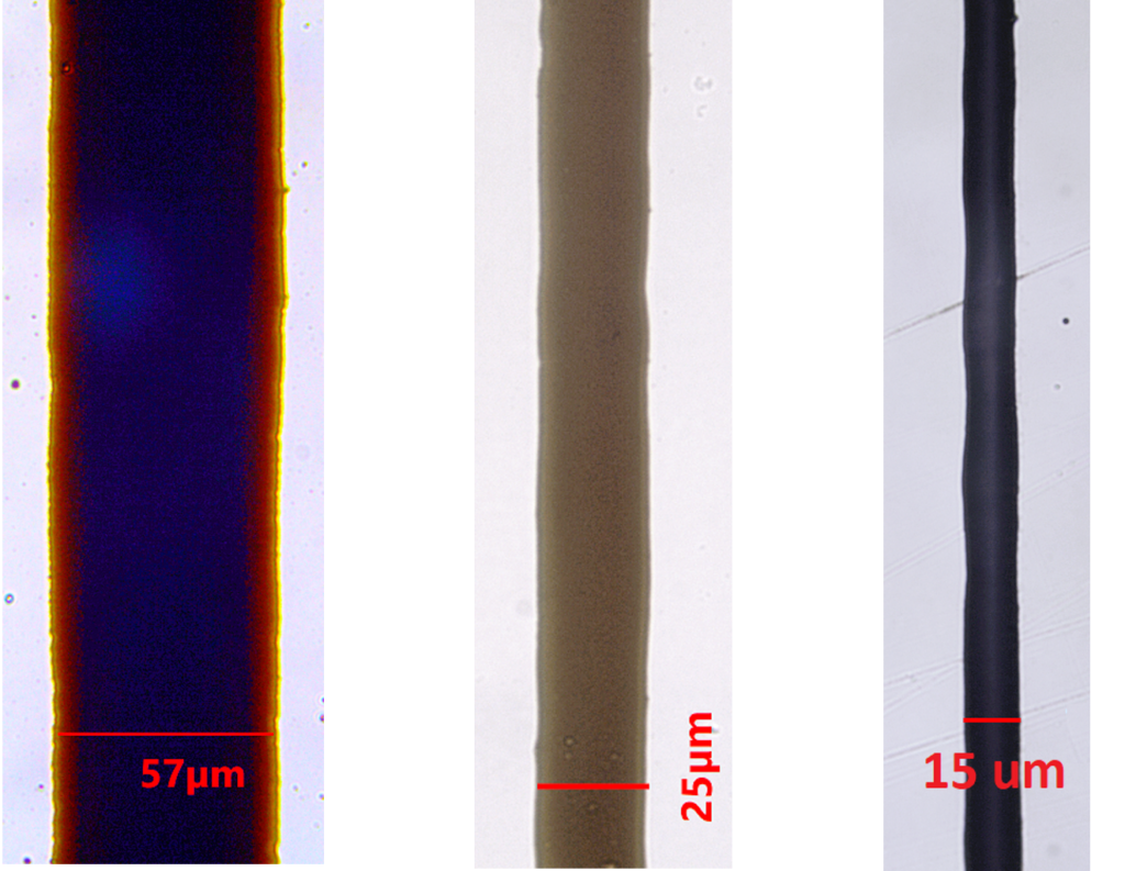 Three micrographs of high resolution IDS NanoJet aerosol printed silver traces from 57 microns down to 15 microns