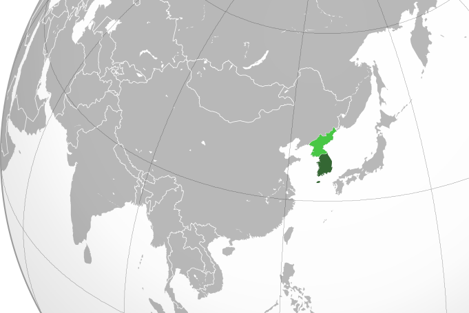 Orthographic view of Asia with South Korea highlighted